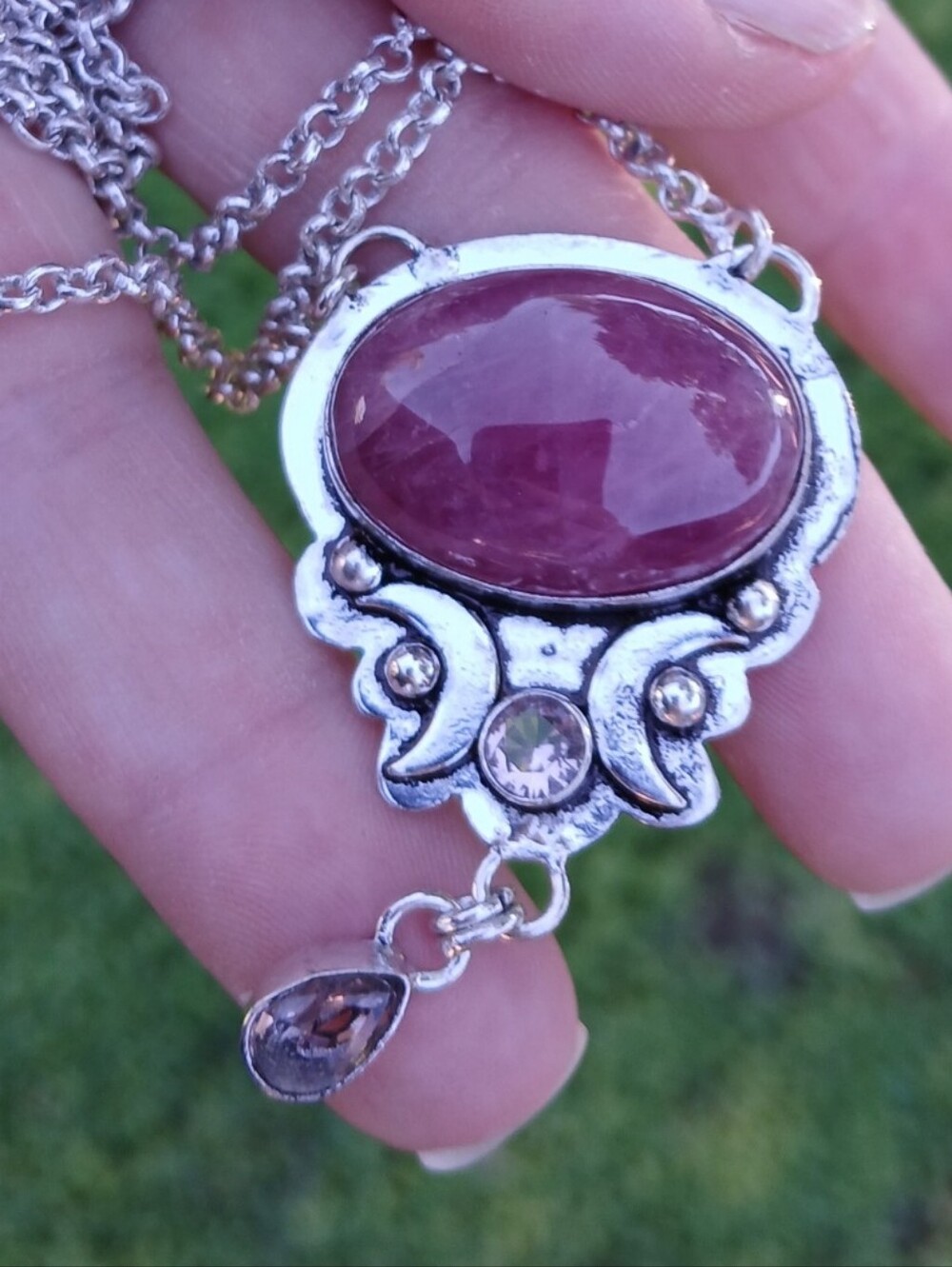 New Pink Tourmaline & Kunzite Crescent Moon 925 Silver Necklace. 